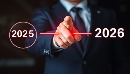 Man in suit points finger from 2025 to 2026 with red line future progress