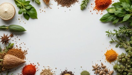 Colorful Assortment of Spices and Herbs Displayed on a Clean White Background for Culinary Inspiration