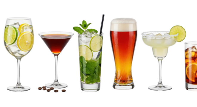 Isolated assorted alcoholic drinks for menu design, recipe books or ad campaigns and blogs