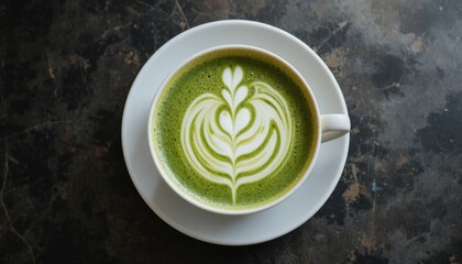 Artistic Green Tea Latte With Intricate Latte Art Design on a Dark Table