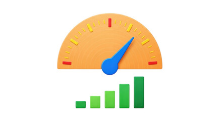 Isolated performance meter and rising green bar chart showing progress, business concept
