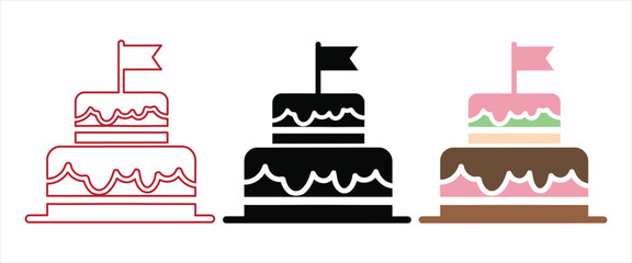 Three cake illustrations on a a red outline, a solid black, and a colorful version with pink and brown