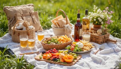 Enjoying a Sunny Picnic in a Lush Green Field With Delicious Food and Refreshing Drinks