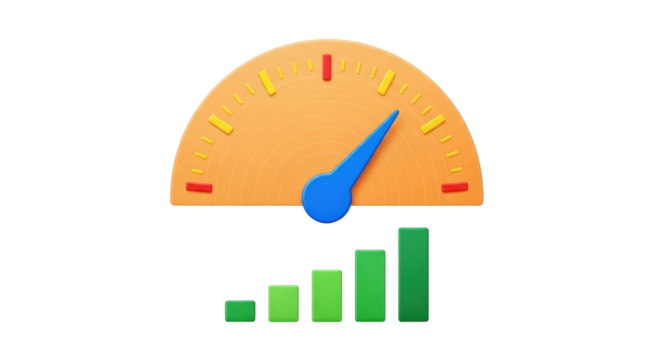 Isolated performance meter and rising green bar chart showing progress, business concept