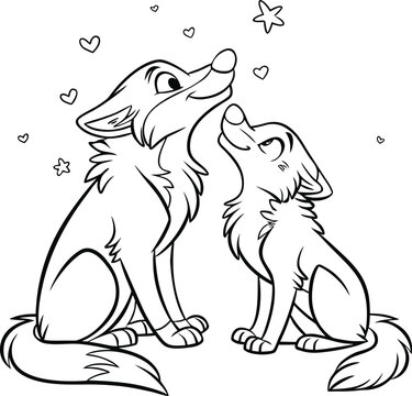 A charming black-and-white line drawing of two cartoon wolves sitting close, their noses almost touching in a moment of connection.