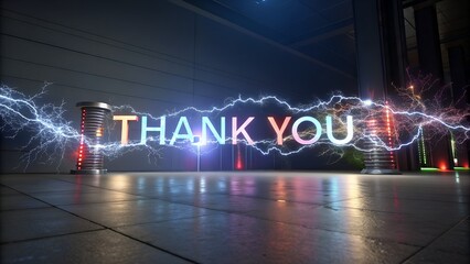 Express your gratitude with a vibrant neon thank you message energized by lightning bolts in a server room