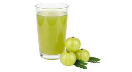 Isolated amla juice in a glass next to fresh Indian gooseberry fruits and foliage, still life