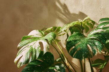 Close-up of lush green monstera plant with large variegated leaves indoors