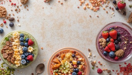 Colorful Smoothie Bowls With Fresh Fruits and Nuts on a Light Background