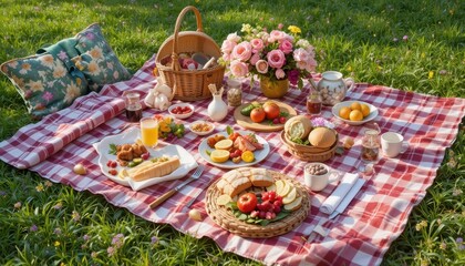 Delightful Picnic Setup With Fresh Food and Flowers on a Sunny Day in the Park