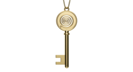 Isolated gold key pendant necklace, ornate vintage spiral design, fantasy, charm, jewelry