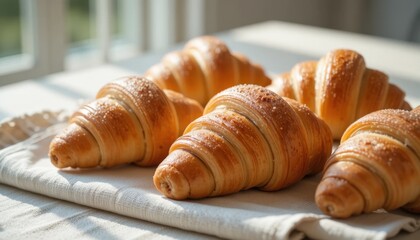 Freshly Baked Croissants on a Linen Cloth in a Sunlit Kitchen Setting