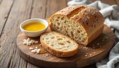 Freshly Baked Bread With Olive Oil and Seasoning on a Wooden Board