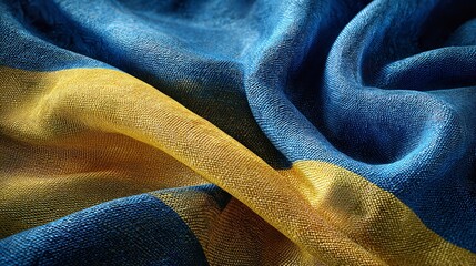 Abstract Ukraine flag, fabric texture in blue and golden yellow showcasing shimmering waves of textile