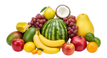 Isolated assortment of fresh whole fruits including watermelon, grapes, apple, banana and coconut