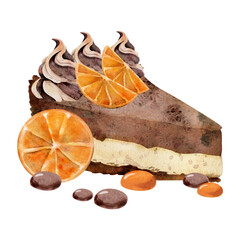 Orange slices on layered chocolate souffle cake, cheesecake piece with custard cream swirls, sweet dragee bonbons. Watercolor dessert clipart. Patisserie branding, recipe book spreads, scrapbooking.