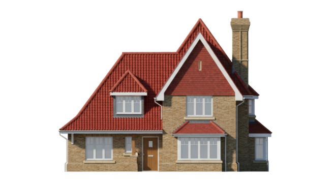 Isolated house building exterior showcases architectural features, construction, design & detail