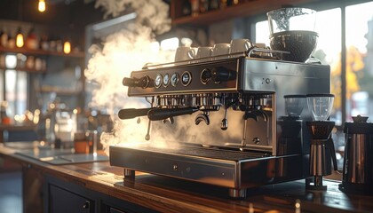 Modern espresso machine in a cozy café, steaming coffee, with baristas preparing drinks in the background