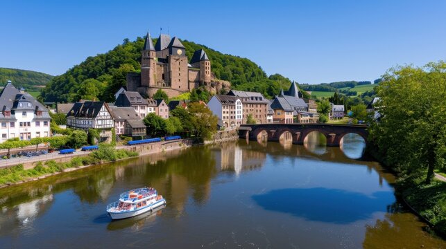 Scenic view of historic castle and charming village along river with boat in sunny weather in Germany picturesque landscape