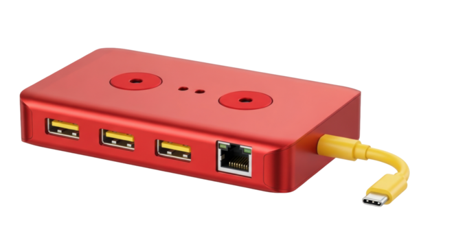 Isolated red USB hub with ports for type C, ethernet, and USB connectors for computers