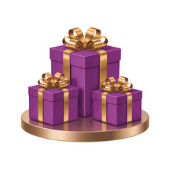 Obraz premium Three purple gift boxes with gold ribbons and bows on a gold circular stand, isolated on transparent background