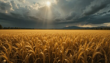 Golden Wheat Field Under Dynamic Sky With Dramatic Sunlight Breaking Through Clouds