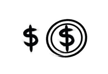Obraz premium Dollar coin symbol in circle. Urban street graffiti style with splash effects, drops. Concept for economy, finance, currency. Dollar coin symbol in circle. Urban street style vector illustration.