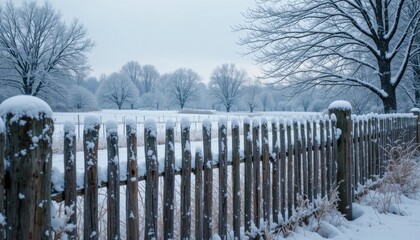 Snow-covered Landscape With a Wooden Fence and Bare Trees in a Winter Scene