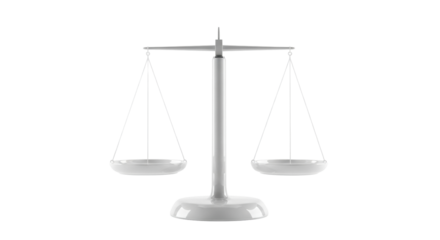 Isolated balance scale, symbolic of weighing and fairness, justice, equality and law in silver