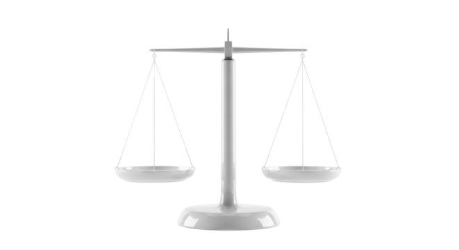 Isolated balance scale, symbolic of weighing and fairness, justice, equality and law in silver