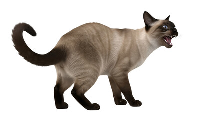 Isolated Siamese cat, angry and hissing, showing teeth and fangs, in aggressive posture