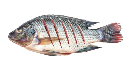 Isolated Freshwater Tilapia Fish with Deep Cuts for Cooking Preparation close up view