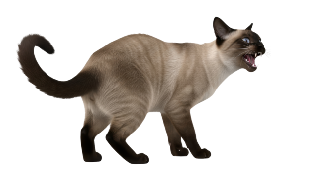 Isolated Siamese cat, angry and hissing, showing teeth and fangs, in aggressive posture