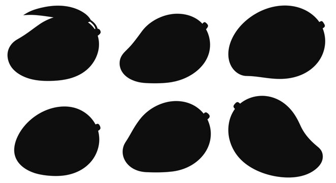 Illustrative black silhouettes of various mango shapes and sizes displayed together