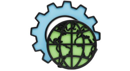 Isolated concept showing global technology with a blue gear and a green globe with network
