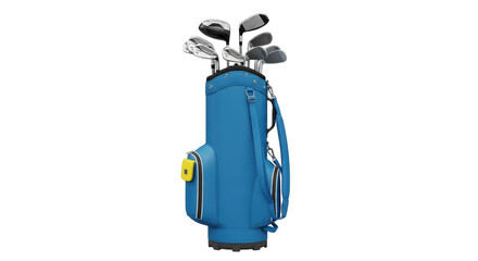 Isolated blue golf bag filled with clubs stands upright, awaiting the next tee-off at the course