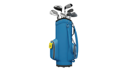 Isolated blue golf bag filled with clubs stands upright, awaiting the next tee-off at the course