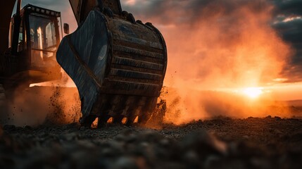 Powerful excavator digging earth during dramatic fiery sunset creating dust clouds