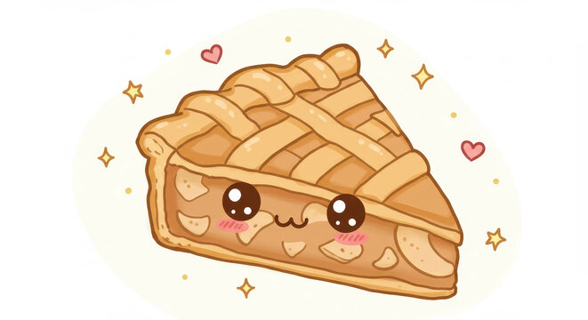 Cute cartoon apple pie slice illustration with kawaii face and hearts