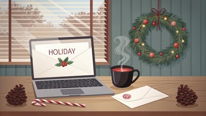 Cozy holiday scene with open laptop displaying 'holiday' and a steaming mug on a wooden desk
