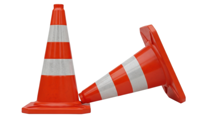 Isolated Road Safety Cones in Orange with Reflective Stripes Ready to Warn of Hazards or Danger