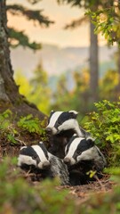 Four badger cubs huddled together in a forest