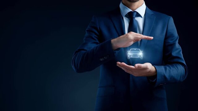 A businessman in a suit protects a glowing car icon between his cupped hands, a concept for car insurance, vehicle safety, auto loans, and reliable dealership service
