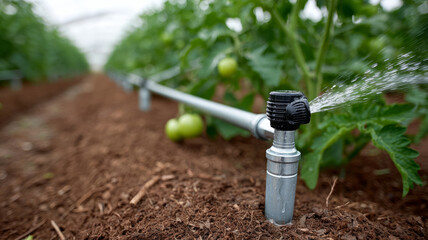 Irrigation system watering plants in a greenhouse for sustainable farming.