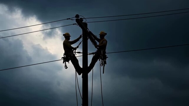 A silhouette of two linemen in hard hats and safety gear working together on a wooden utility pole to repair power lines against a dramatic and cloudy sky