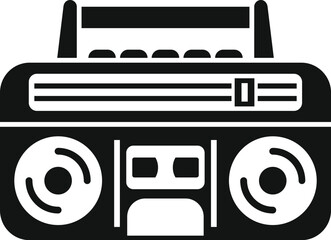 Black and white illustration of a portable boombox playing music with a cassette tape inside, representing retro audio technology