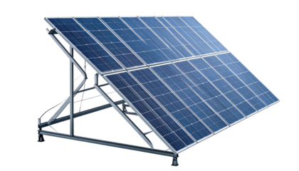 Solar panel array set at an angle on metal supports against a black background