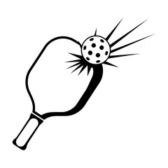 Black and white illustration of a pickleball paddle hitting a ball