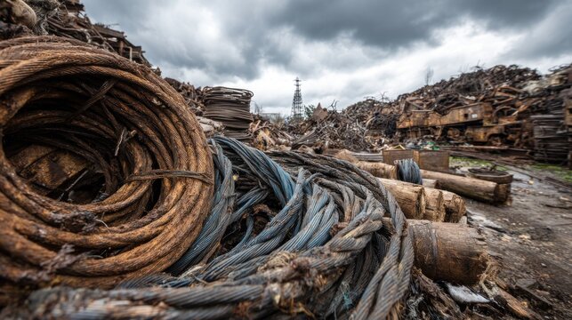 A tangle of cables lies in a junkyard under stormy clouds, with metal scraps scattered nearby - Powered by Adobe
