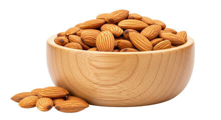 Isolated wood bowl of almonds healthy snack for nutritious diet and culinary ingredient